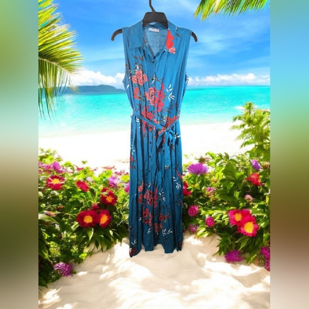 Teal Floral Maxi Dress with Red Accents